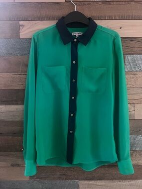 Juicy Couture Green Button-Down Shirt with Navy Trim size XS
